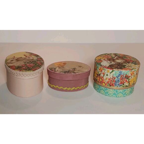 Set of 3 Easter Bunny Rabbit Chicks Oval Boxes Home Decor Gift Victorian Lace - Picture 4 of 13